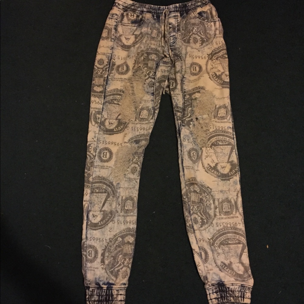 money patterned ripped joggers